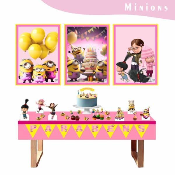 Kit Festa Fácil Montagem Decoração Prática - Minions Rosa - 64 peças